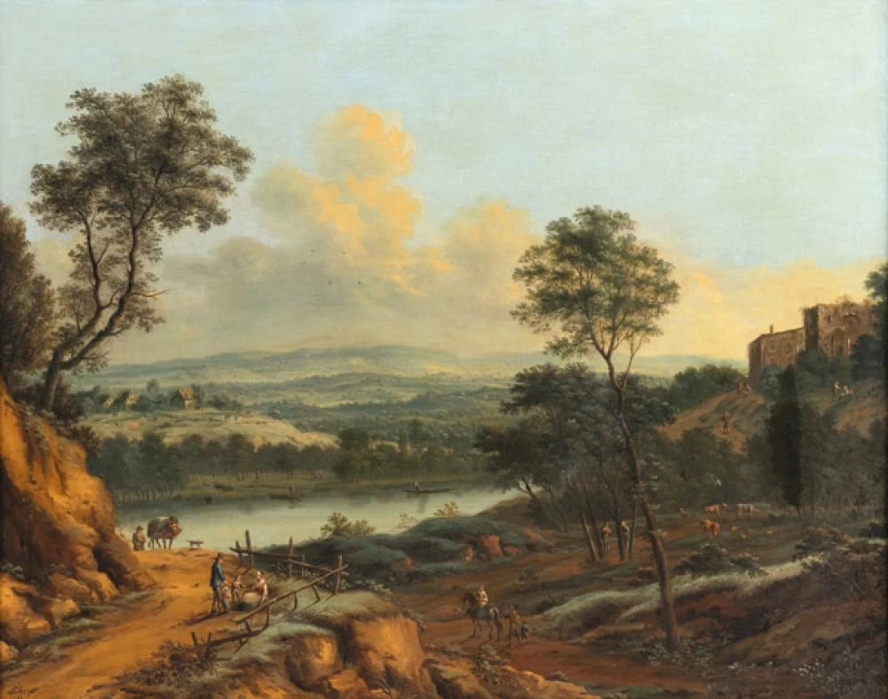 Johann Christian Vollerdt - Ampio paesaggio fluviale con viandanti e contadini